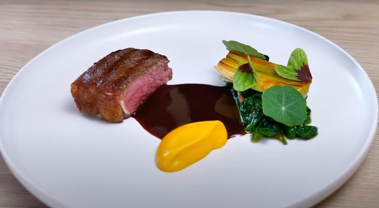 Striploin Steak, Pumpkin puree, Spinach and Red Wine Sauce